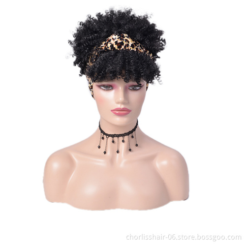 Wholesale Ombre Turban Wrap Wig Afro Wig Short Heat Resistant Kinky Curly Synthetic Wig With Headband Attached For Black Women